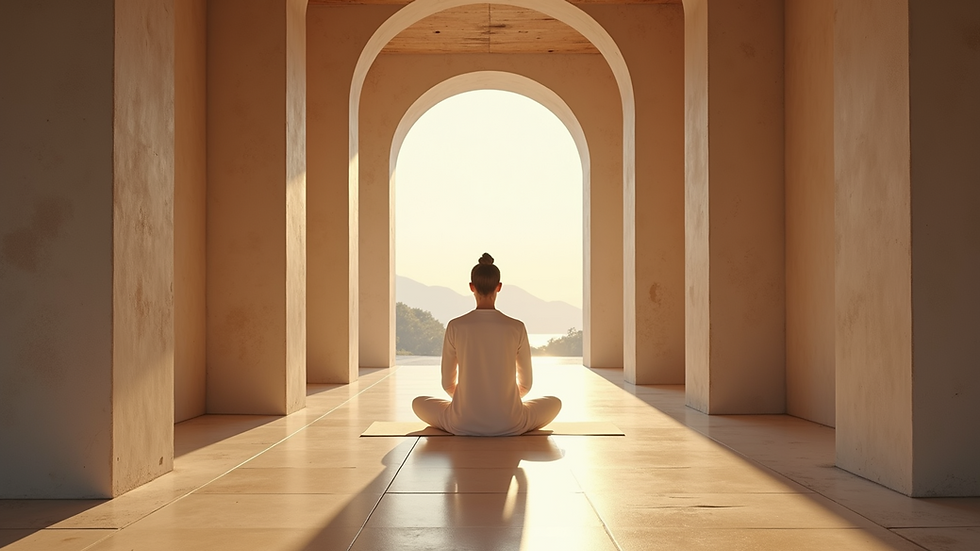 Eye-level view of a serene meditation space with soft lighting