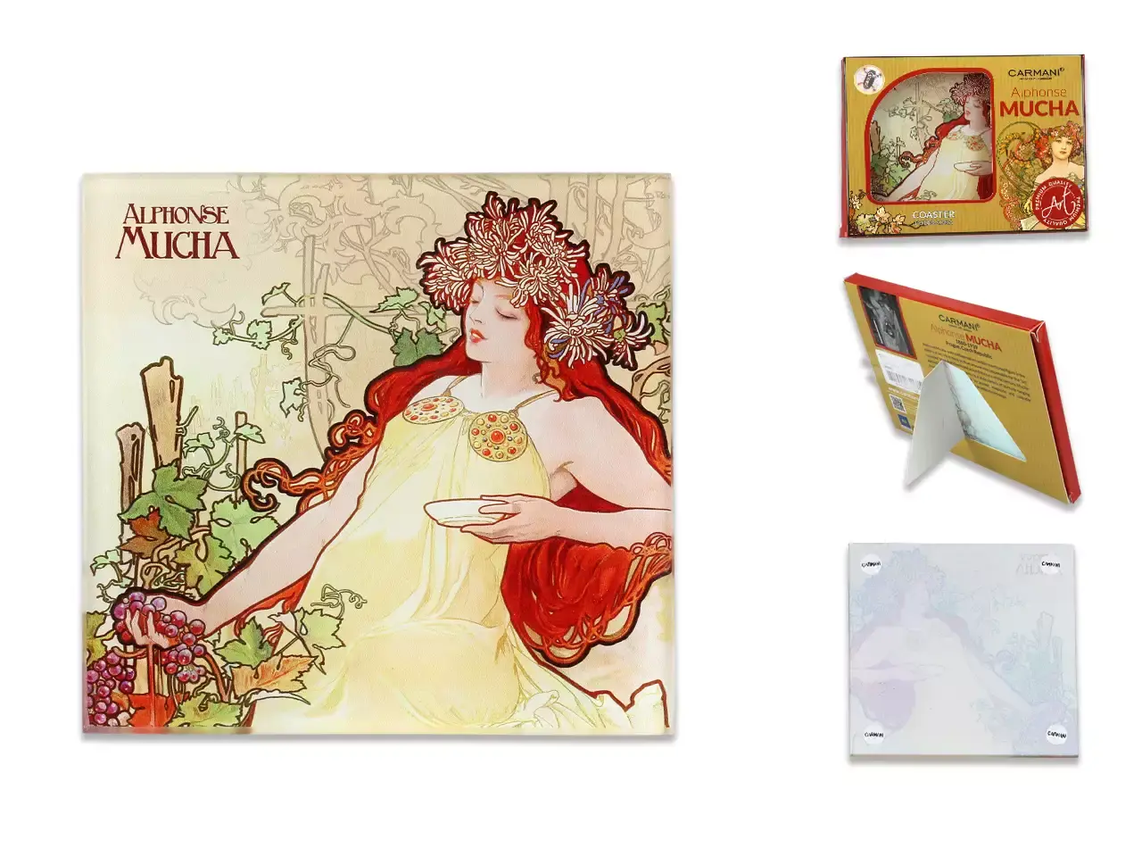 ミュシャ「秋」アートガラスコースター 四季シリーズ 正方形