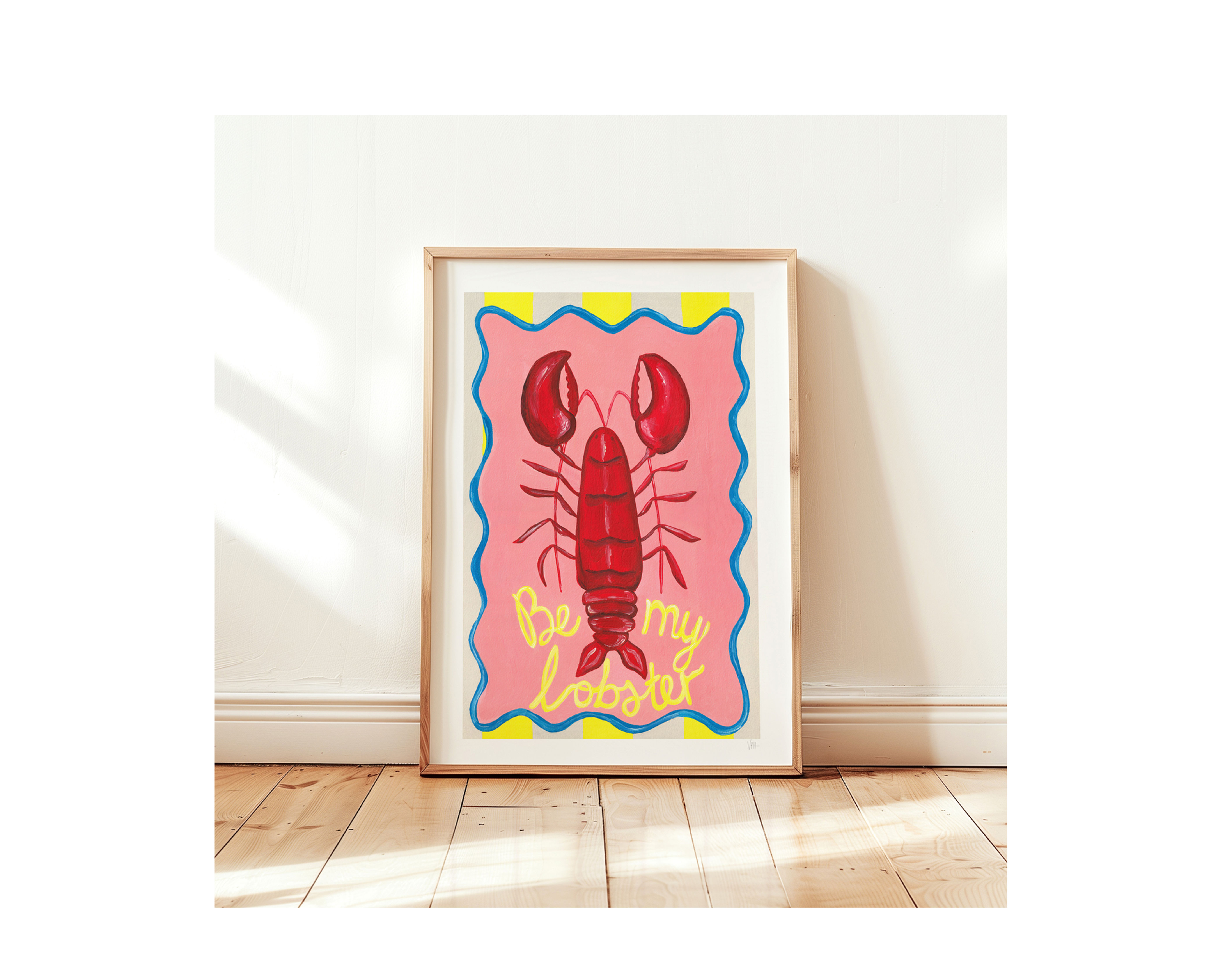 playful illustration features a vibrant lobster on a coral pink backdrop, with a wavy blue border