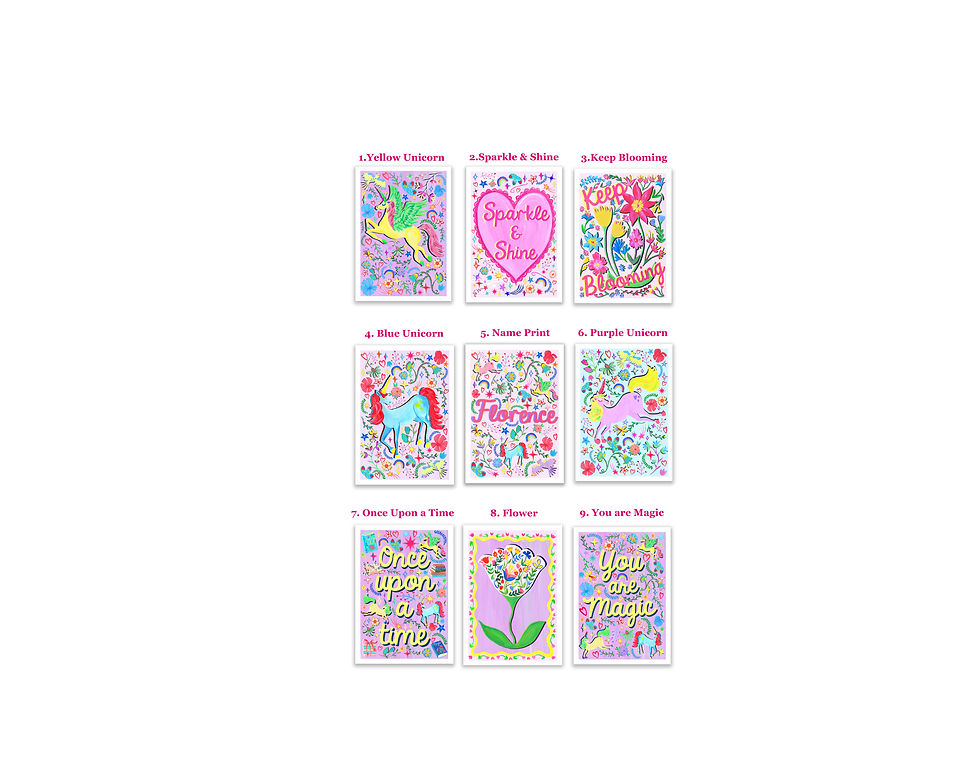 Thumbnail: Lilac unicorn flower nursery print set featuring hand-painted unicorns and rainbows.