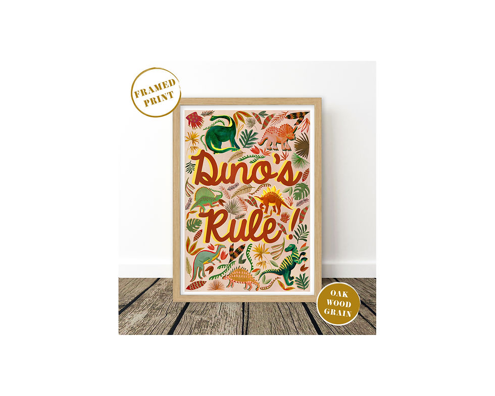 Thumbnail: hand painted dinosaur and tropical leaf design in earth colours with Dino's Rule in a joined up bold font