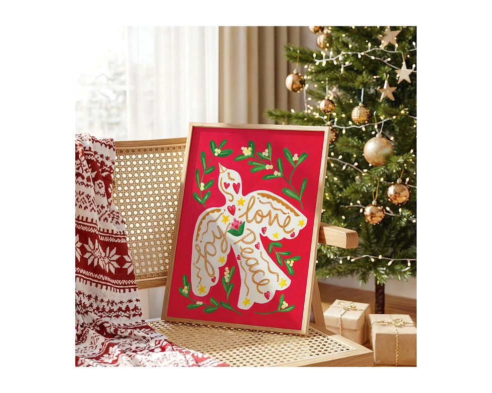 A White Dove on a bright red background with the hand painted words, 'joy' 'love' 'peace' surround by christmnas leaves
