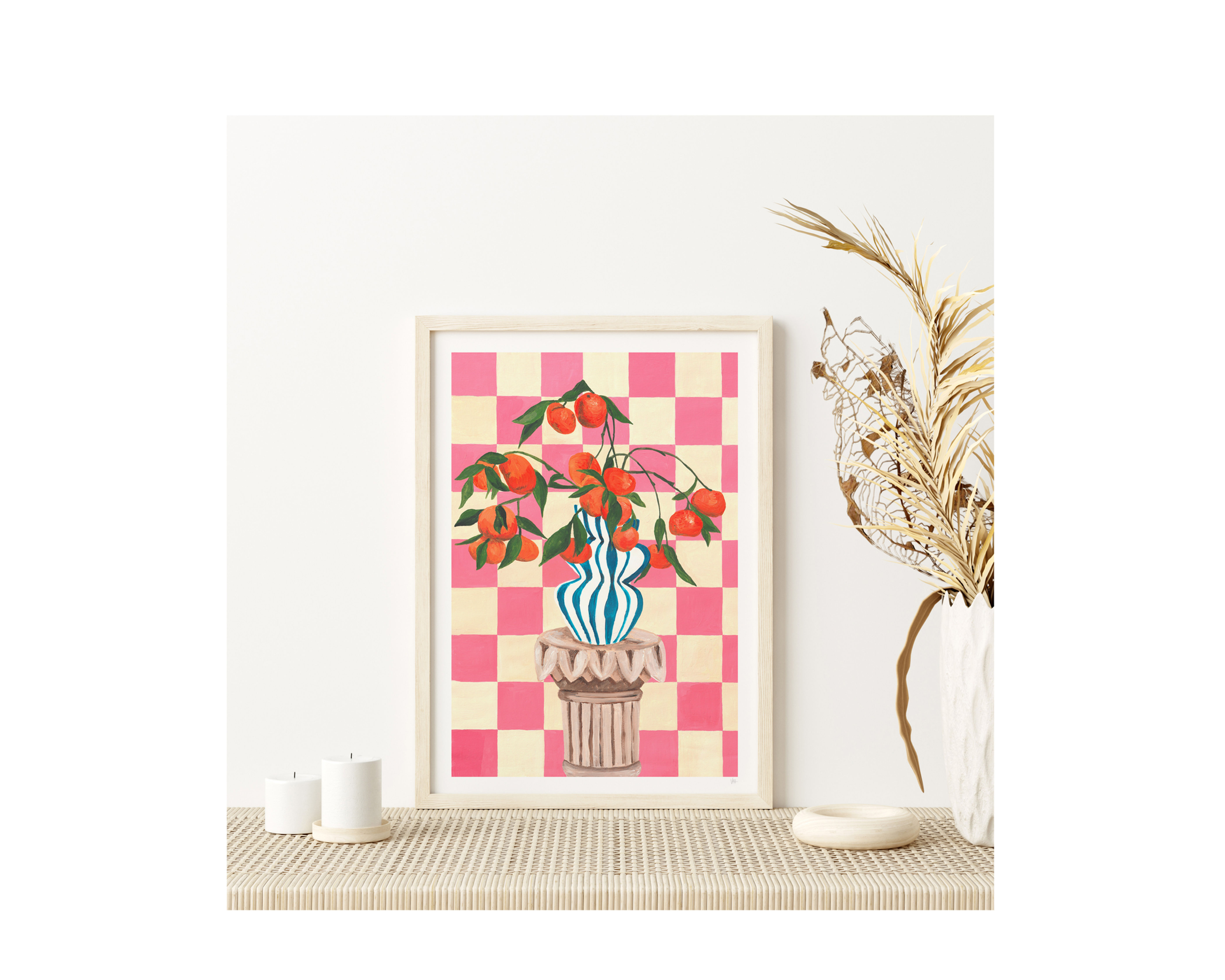 A modern hand painted Vase of Clementines placed on a grecian pillar with a pink and cream checkerboard background