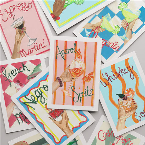 A colourful selection of hand painted cocktail prints