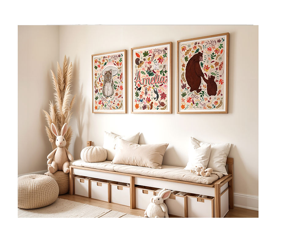 woodland animal name print set, a perosnalised name paired with 2 separate woodland animal prints