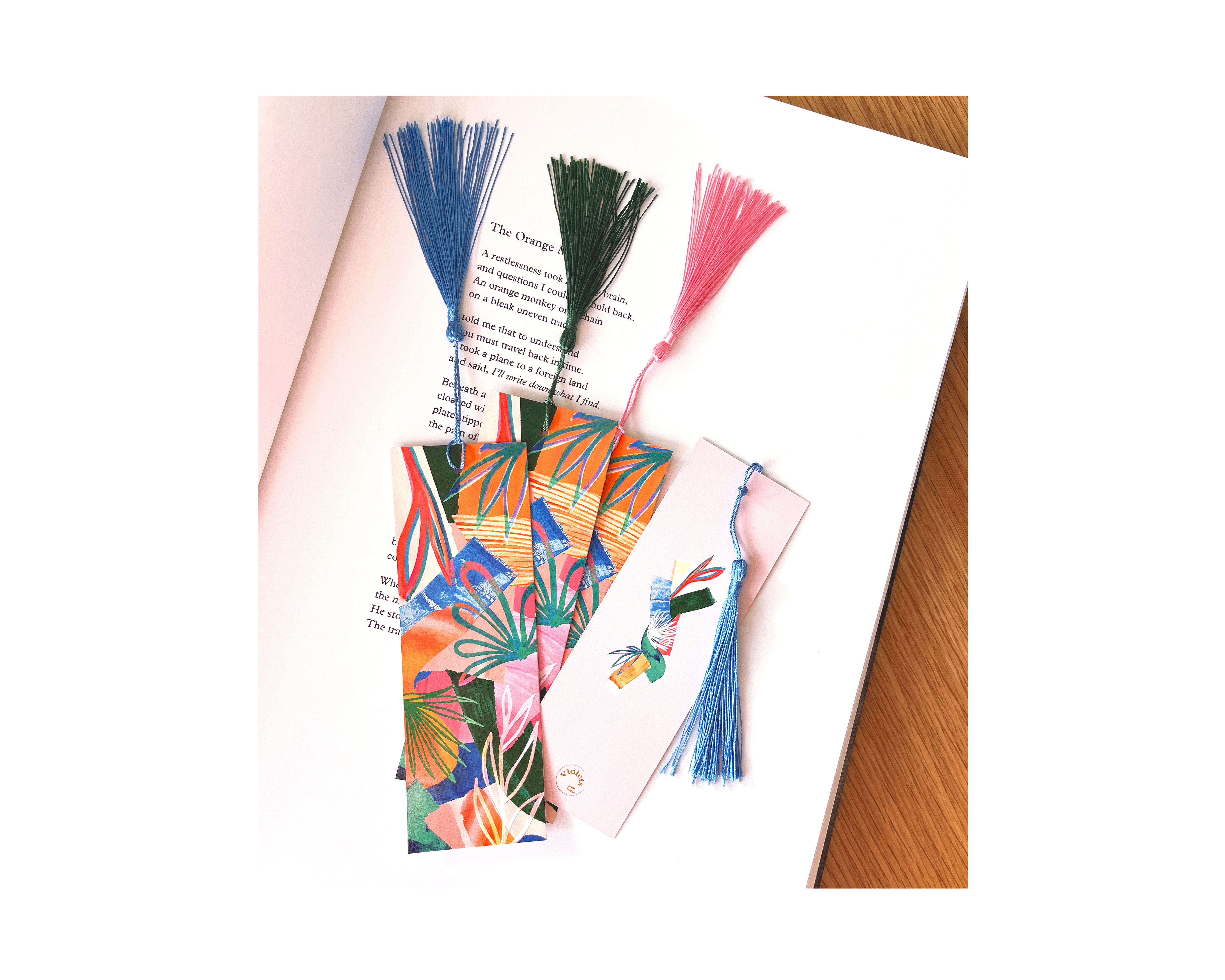 A rainbow abstract leaf print bookmark with tassel