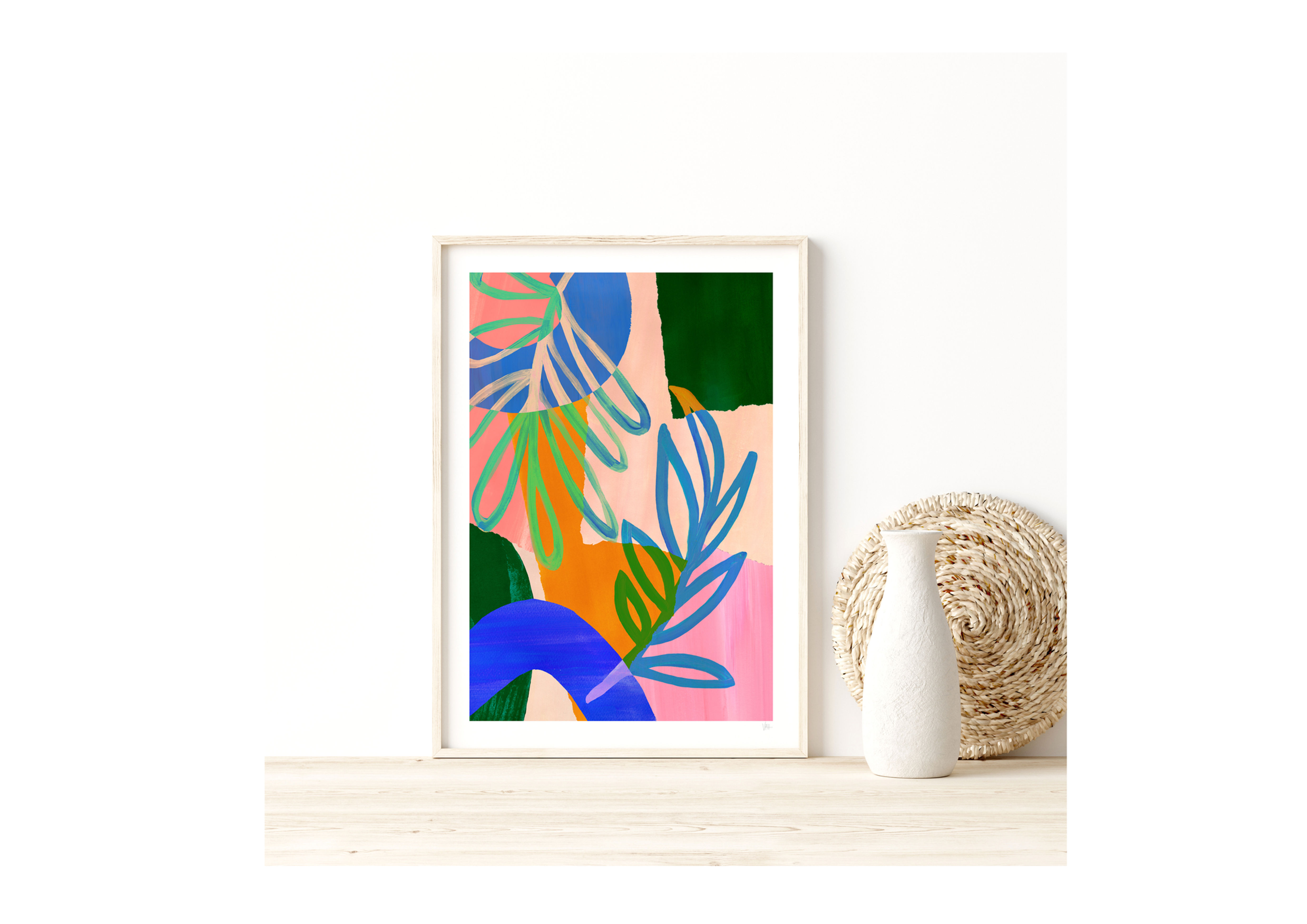 This hand-painted print features a vibrant mix of deep pinks, greens, blues, and oranges, creating a stunning abstract leaf d