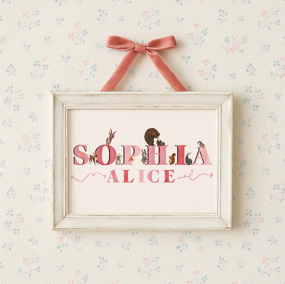 A vintage illustrated style woodland animal name print