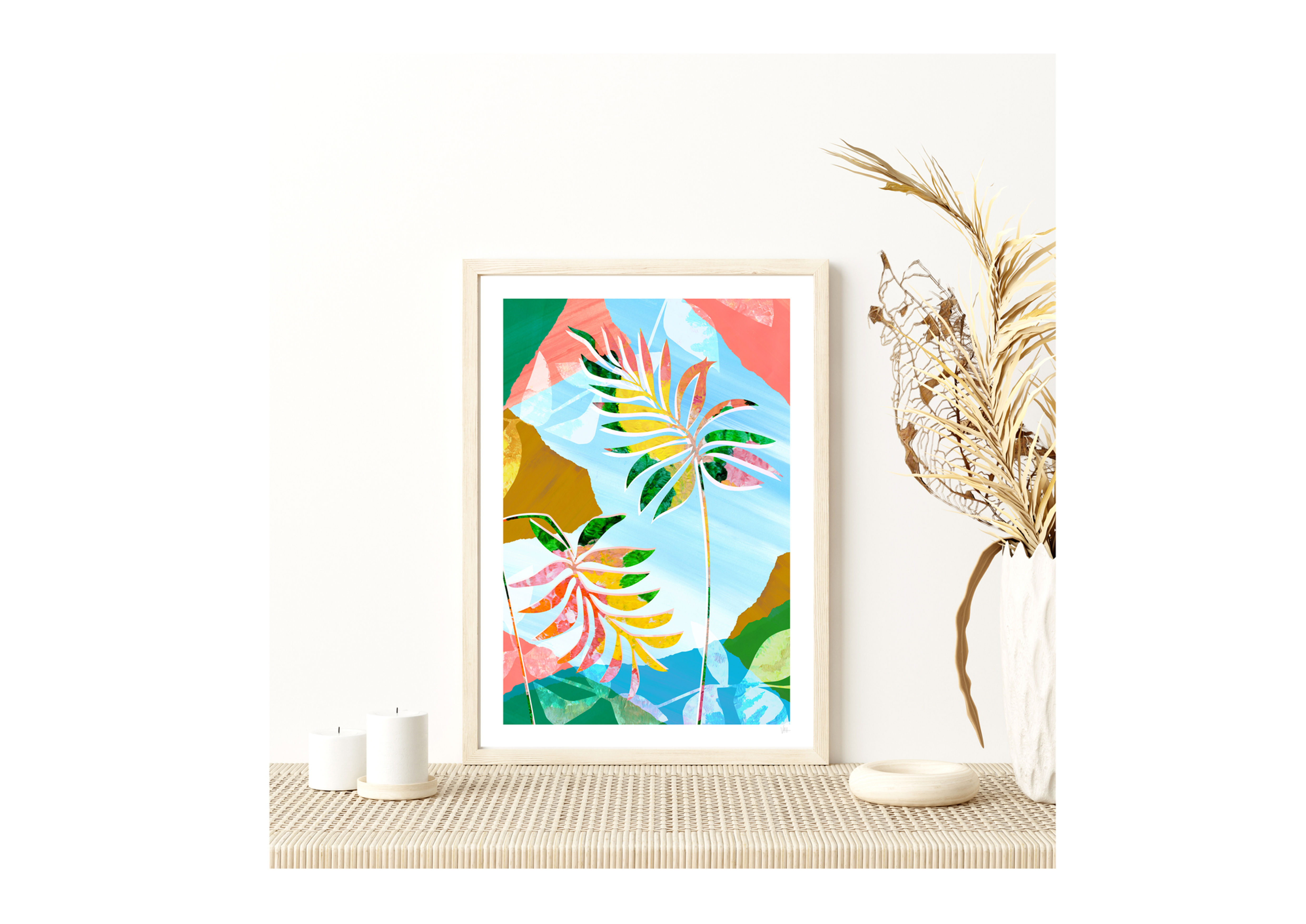 bright and colourful abostract leaf collage in sky blue, green, coral pink and gold tones
