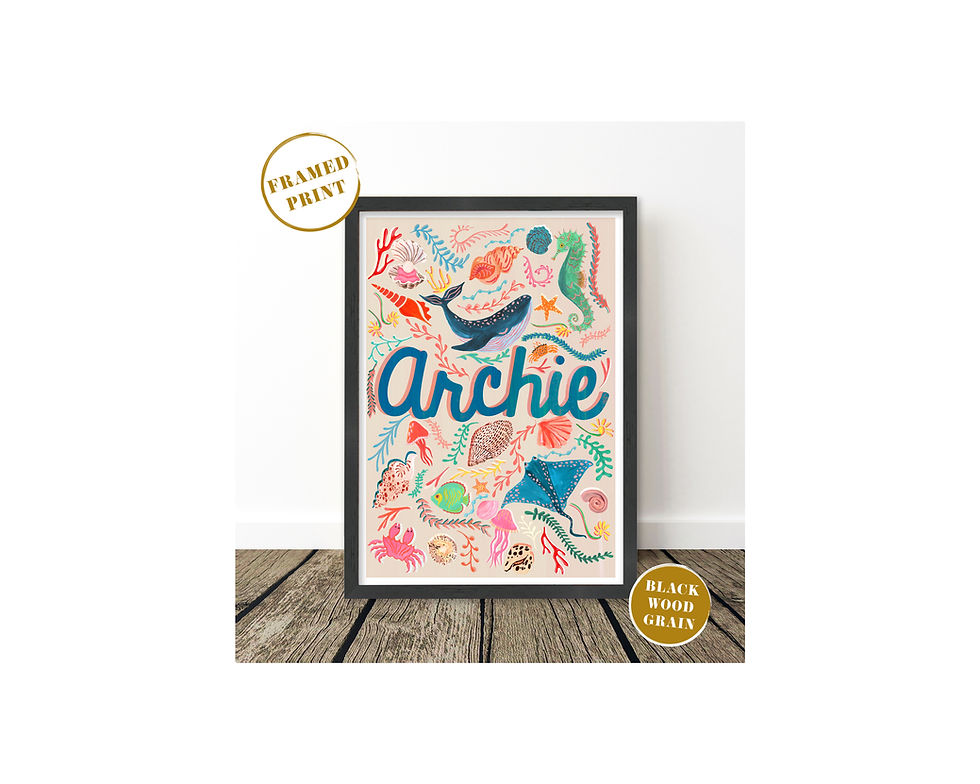 Thumbnail: framed blue name print with sea creatures illustrations