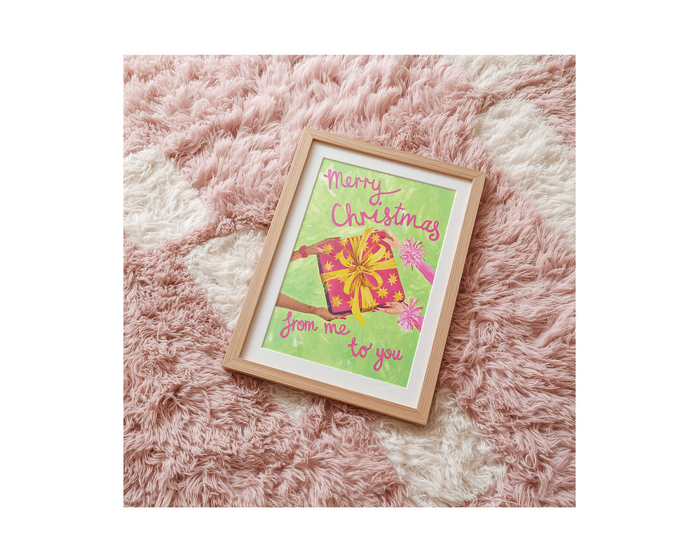 A fun quirky Chrismtas illustration of passing a present to one another with the phrase 'Merry Christmas from me to you'