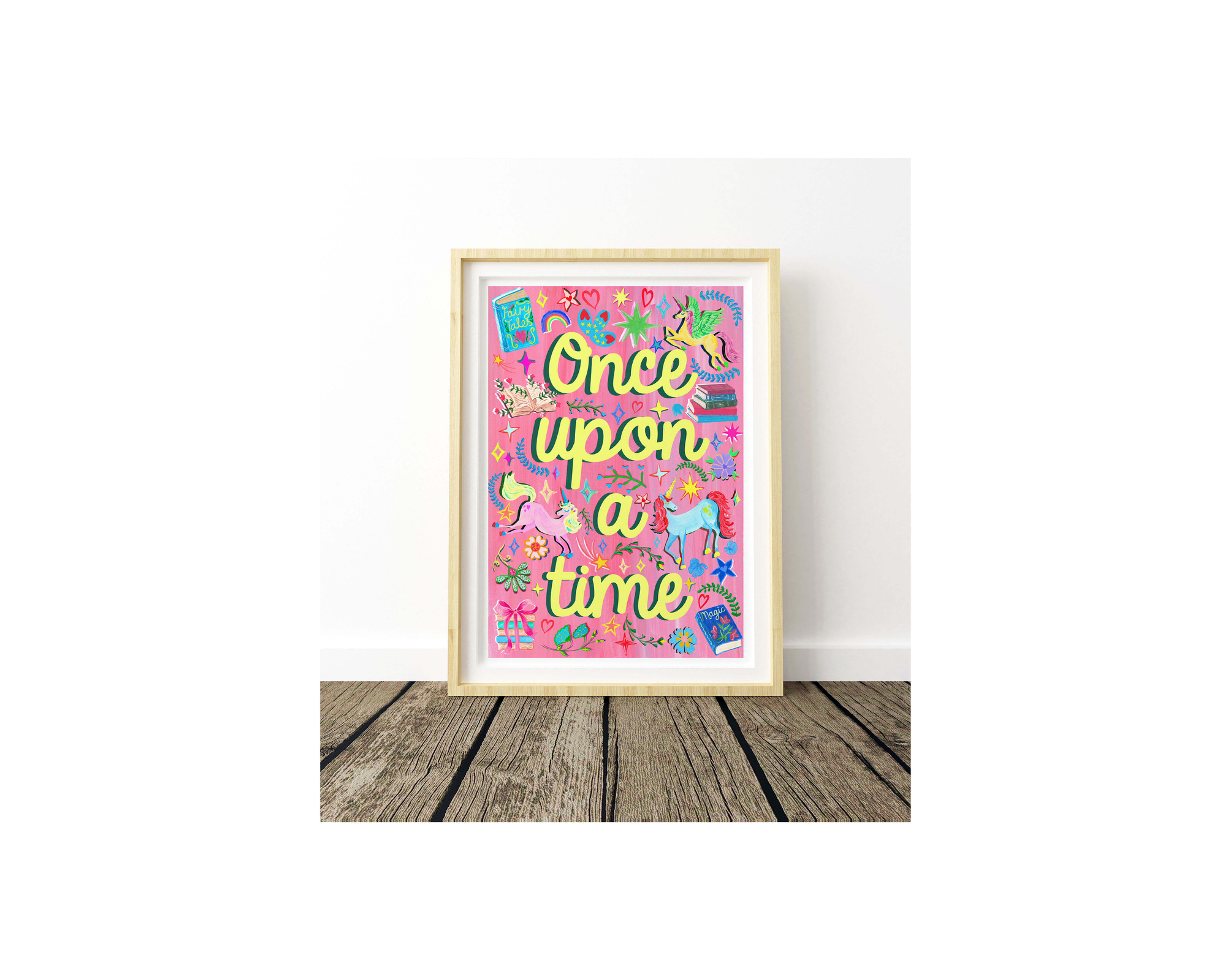Once Upon a Time children’s wall art print featuring hand-painted illustrations on dark pink background.