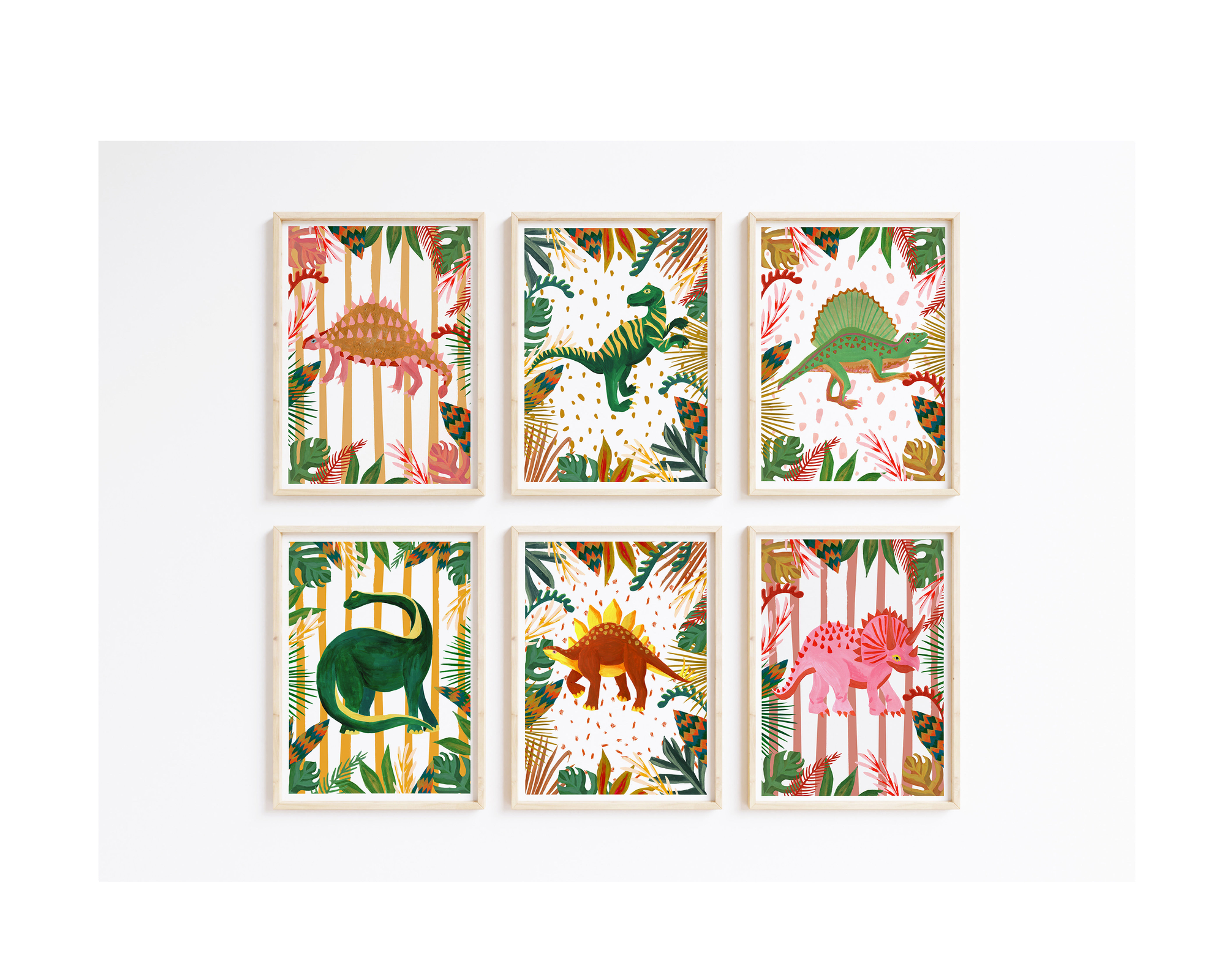 Colourful hand painted illustrations of dinosaurs placed amongst vibrant tropical leaves.