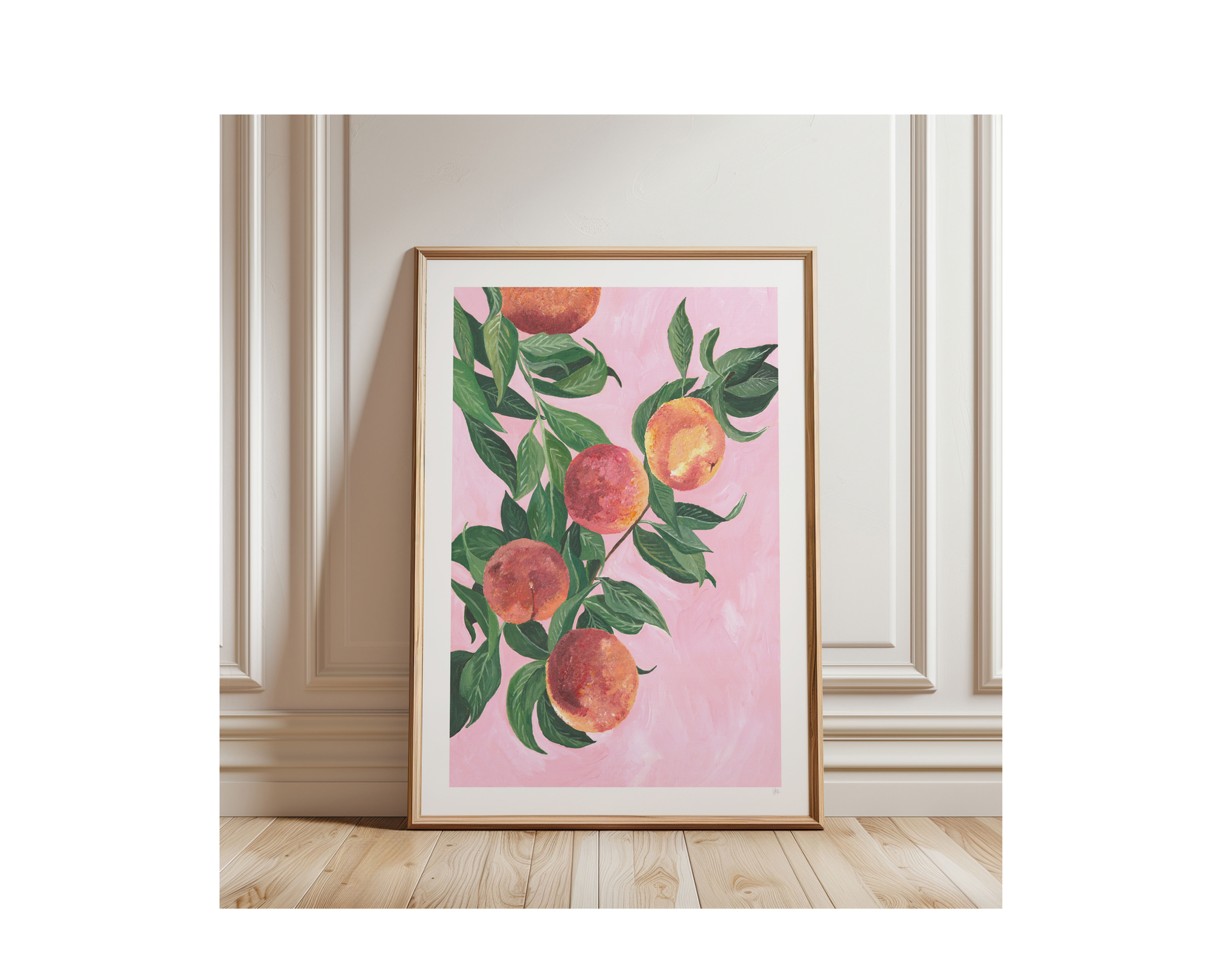 intricately painted still life print of leafy green peaches on a painterly pink backdrop