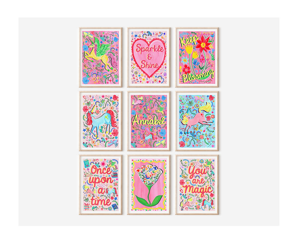 Set of 9 unicorn flower nursery prints in pink colourway featuring hand-painted unicorns, rainbows, and flowers.