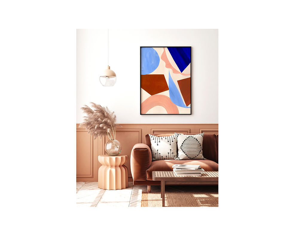 Thumbnail: oversized print features hand painted blue, coral pink and rich redbrown bold cut out shapes in a contemporary collage design