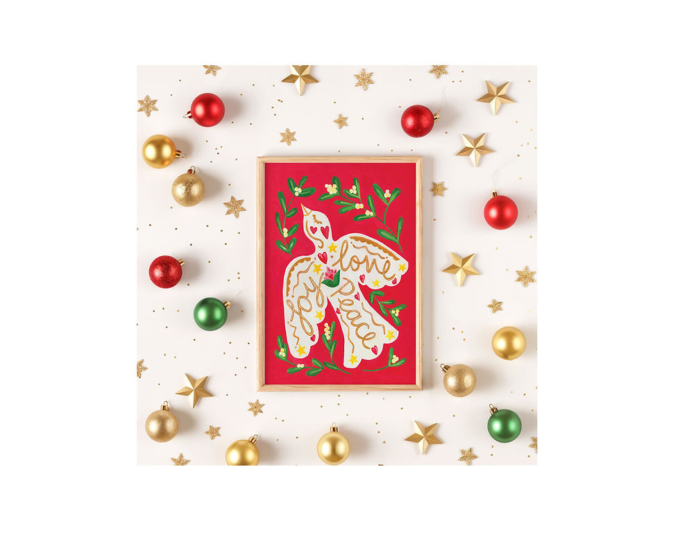 A White Dove on a bright red background with the hand painted words, 'joy' 'love' 'peace' surround by christmnas leaves