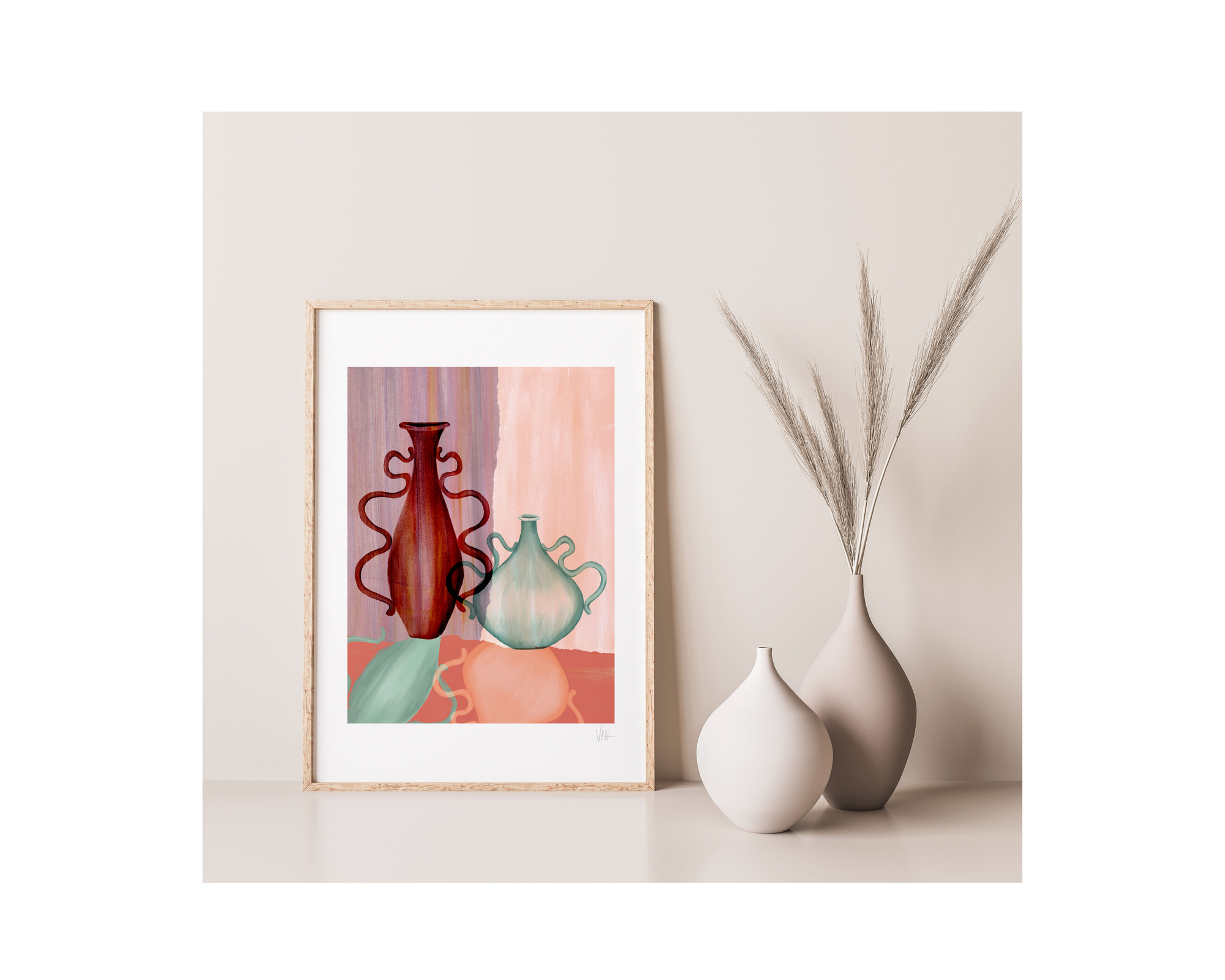 A modern still life art print on 2 vases, with an abstract painterly back drop in peach pinks, lilacs and sage green