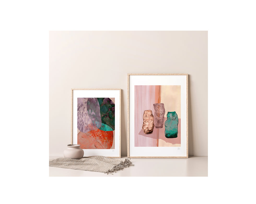 Thumbnail: An abstract watercolour art print of 70s glass vases, in soft muted warm tones and an intense jade green