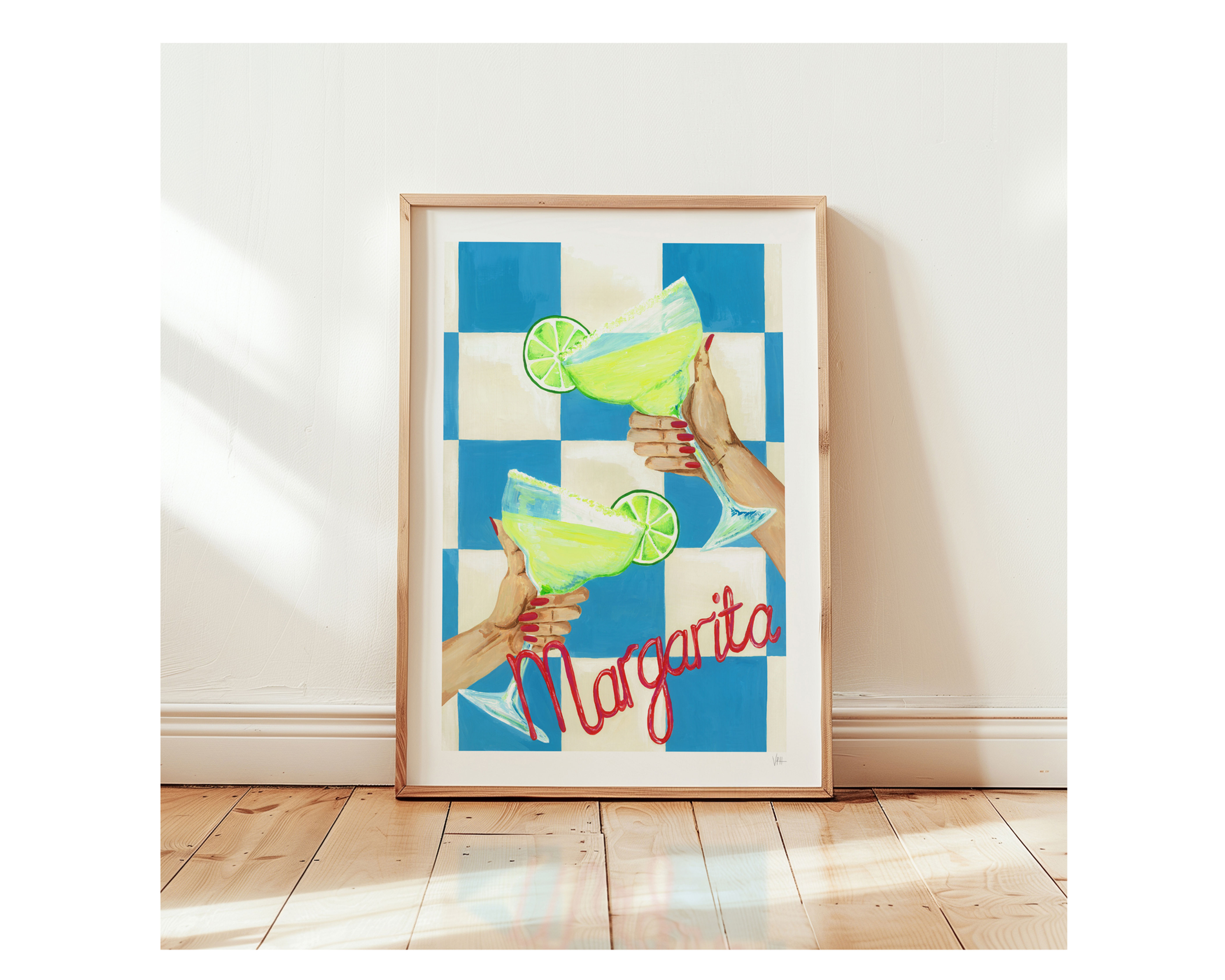 Illustrated Margarita cocktail print featuring a coupe glass with salted rim, lime wedge garnish, and soft green background.