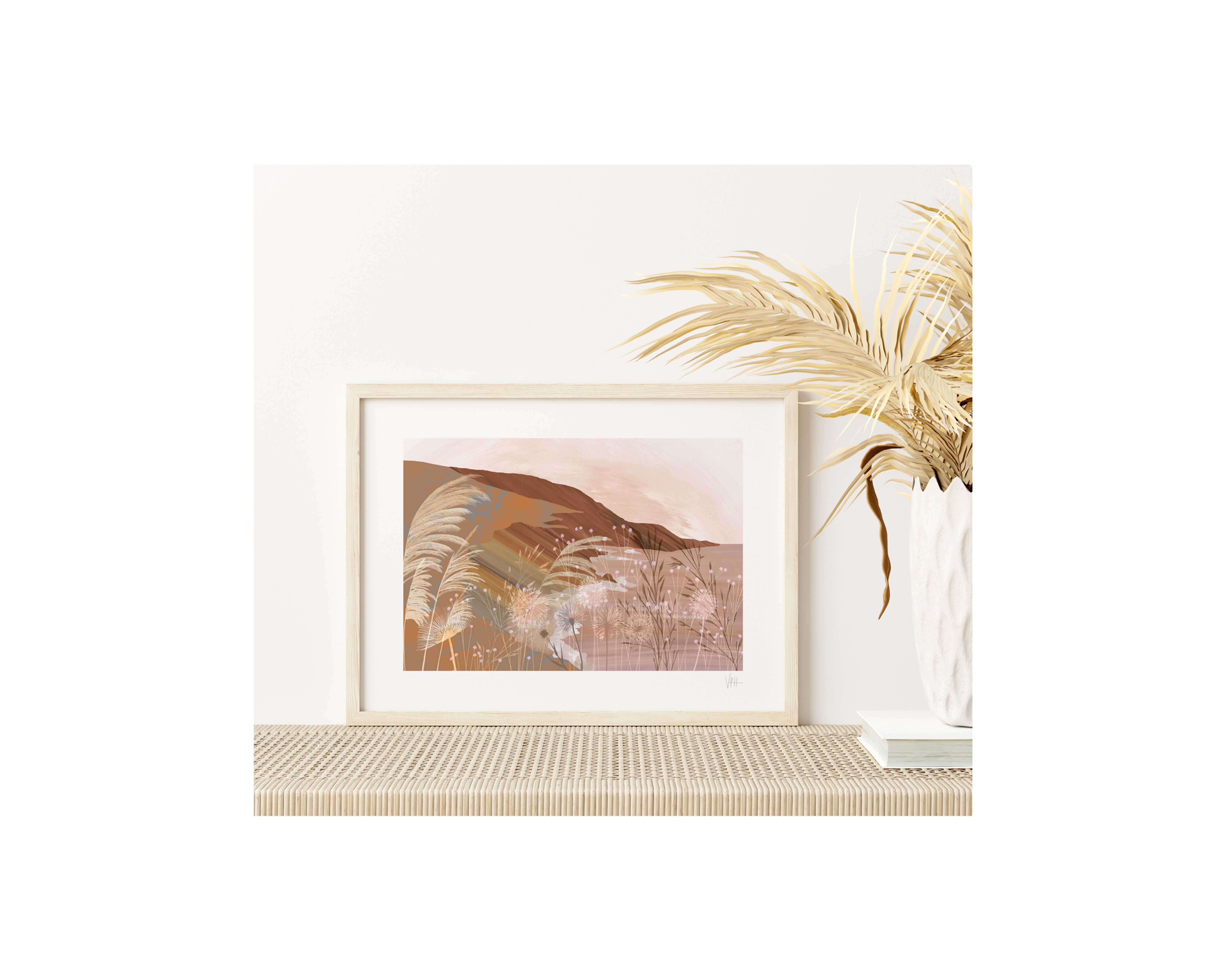 A wilderness hand painted landscape in brown earth tops of a costal view