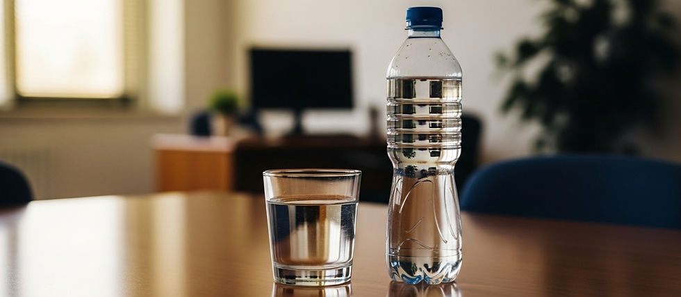 A cup of water beside a bottled water on a brown office table