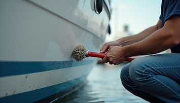 Person cleaning a boat hull with a brush