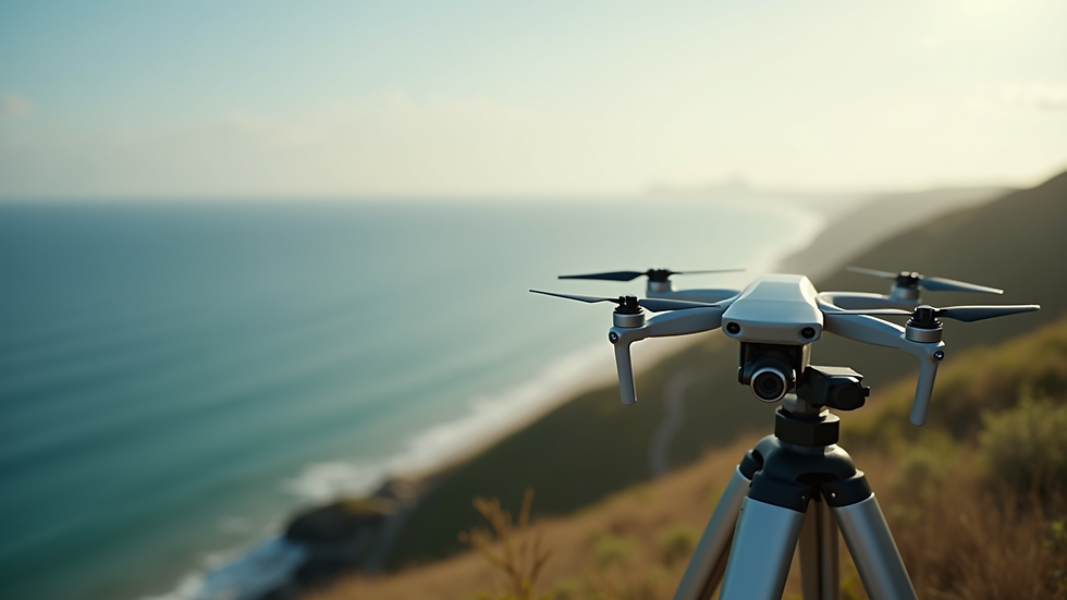 High angle view of a drone surveying a coastal area
