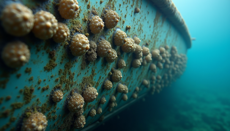 Close-up view of a boat hull covered with marine growth underwater