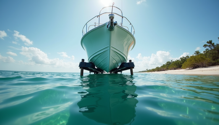 Eye-level view of a boat on a lift above Gulf Coast water with clear hull visible