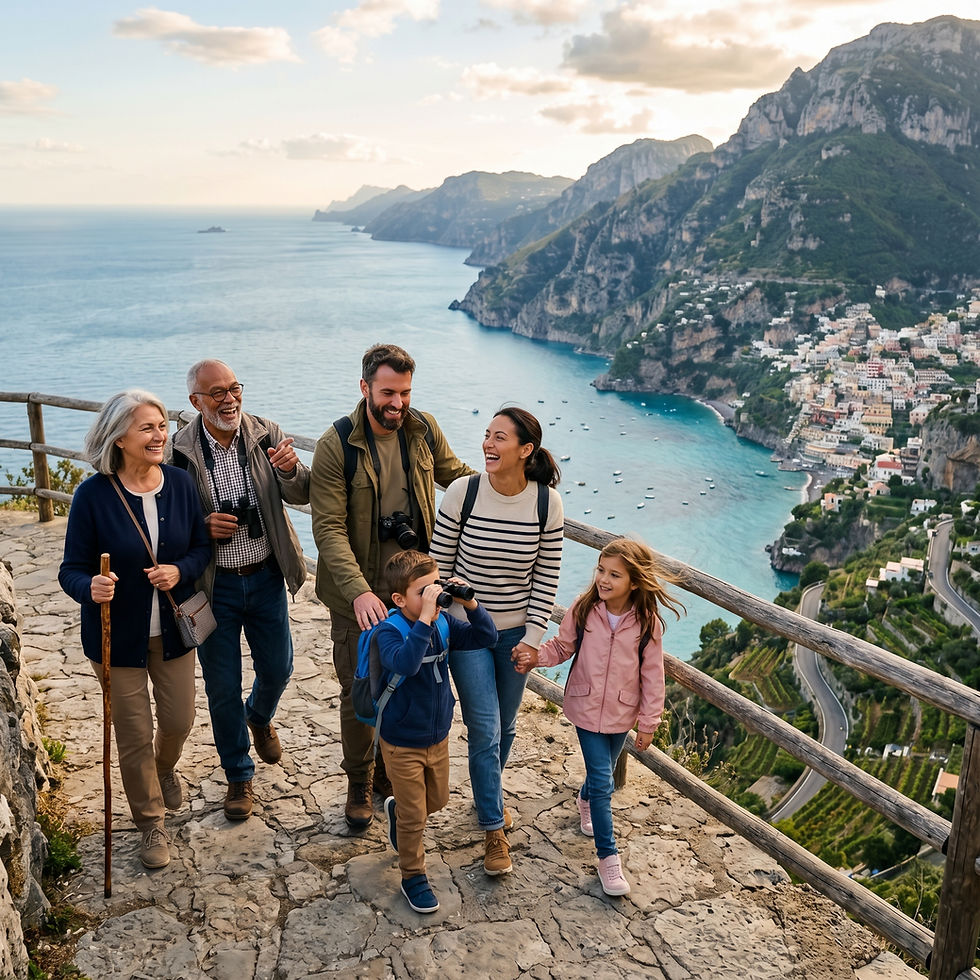 Multigenerational family hikes a coastal trail above turquoise water and a cliffside village, smiling beneath dramatic mounta