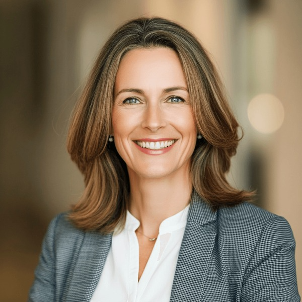 Professional headshot of a smiling woman wearing a gray blazer.