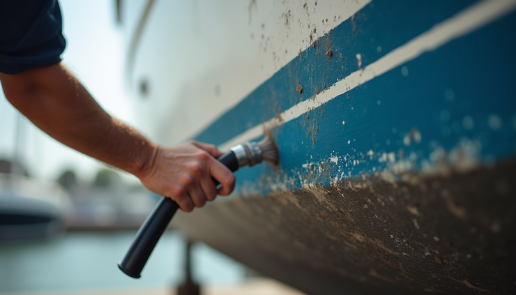 Close-up view of a boat owner applying anti-fouling paint on hull while floating on a dock