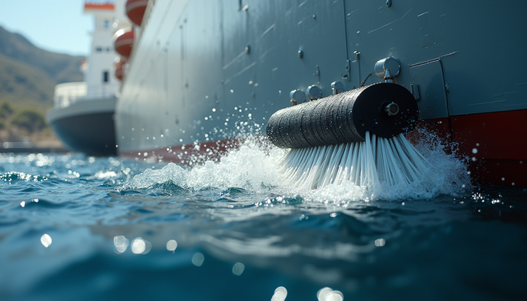 Eye-level view of a ship undergoing hull cleaning with automated brushes