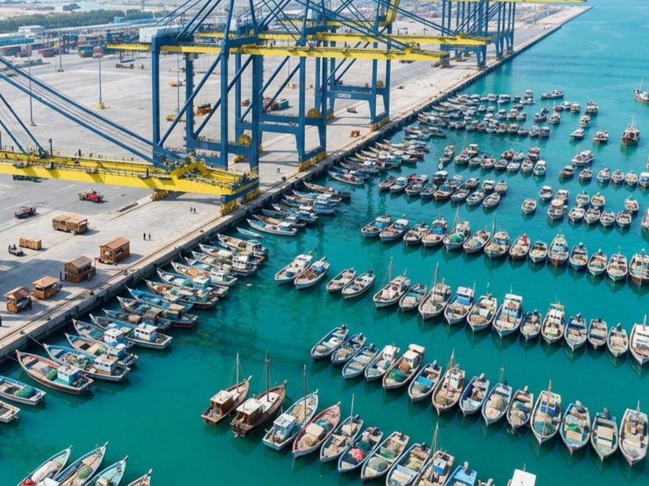 Busy port with many boats and large container cranes