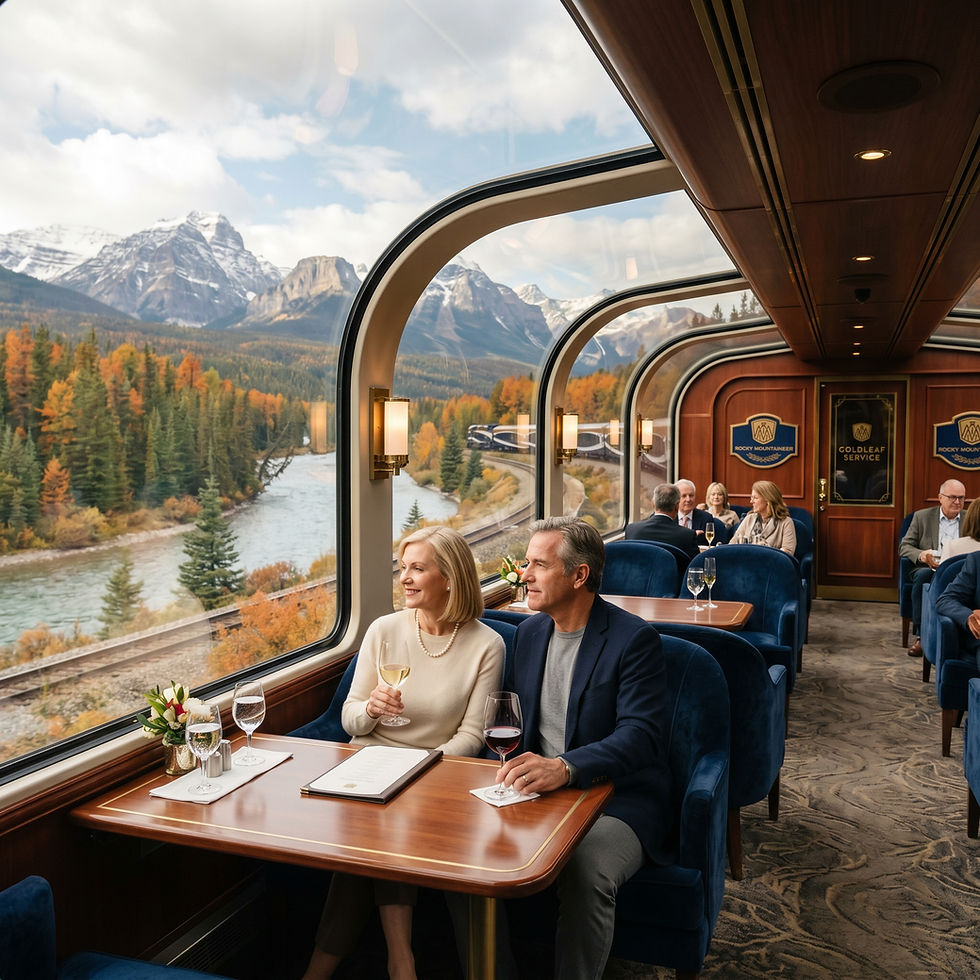 Elegant luxury train dining car with a smiling couple enjoying wine, overlooking autumn forests, a river, and snow-capped mou