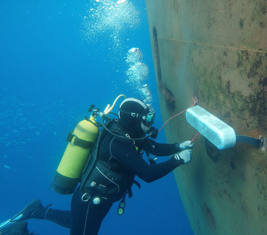 Diver replacing zinc anode on ship's hull