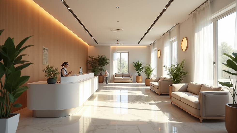 Eye-level view of a modern med spa reception area with comfortable seating