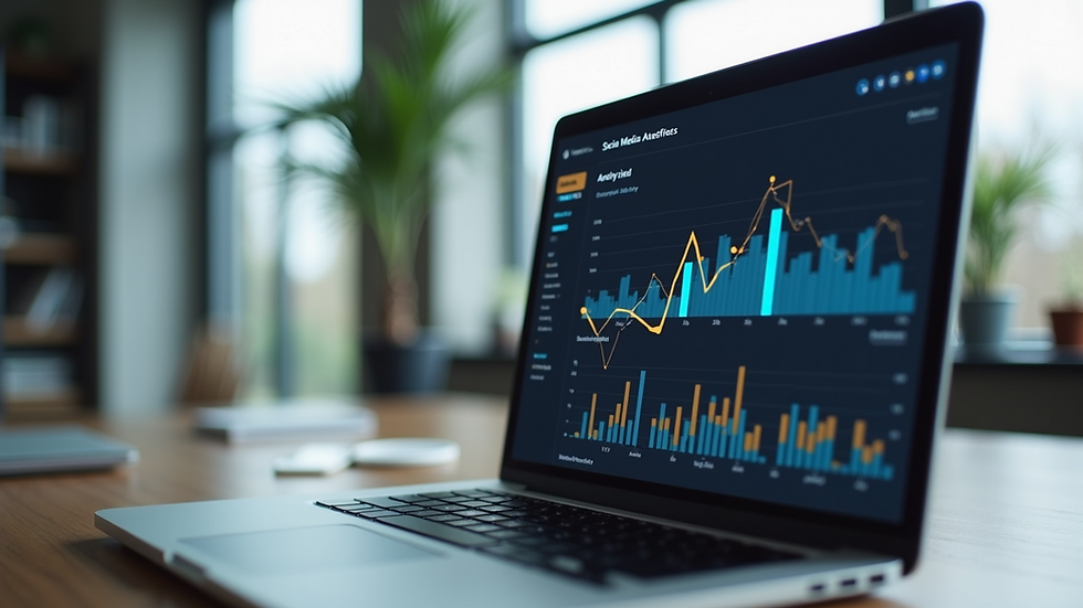 Eye-level view of a laptop displaying social media analytics dashboard