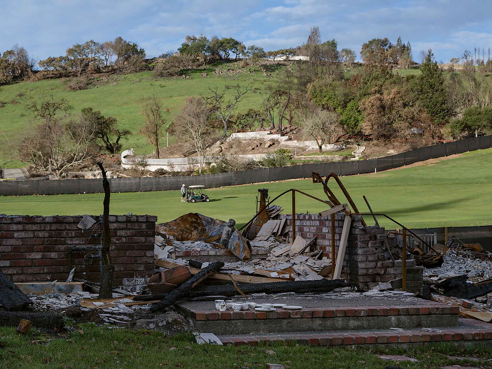Tea cups arranged on the steps of a burned home on Thomas Lake Harris Drive in Santa Rosa, with the Fountaingrove Club’s golf course in the background. PHOTOGRAPHER: LUCAS FOGLIA FOR BLOOMBERG BUSINESSWEEK