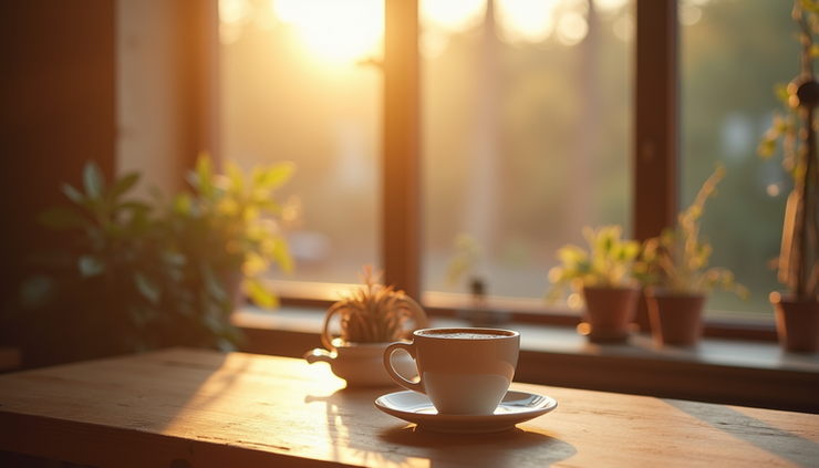 Eye-level view of a cozy morning scene with a warm cup of coffee on a wooden table near a sunlit window