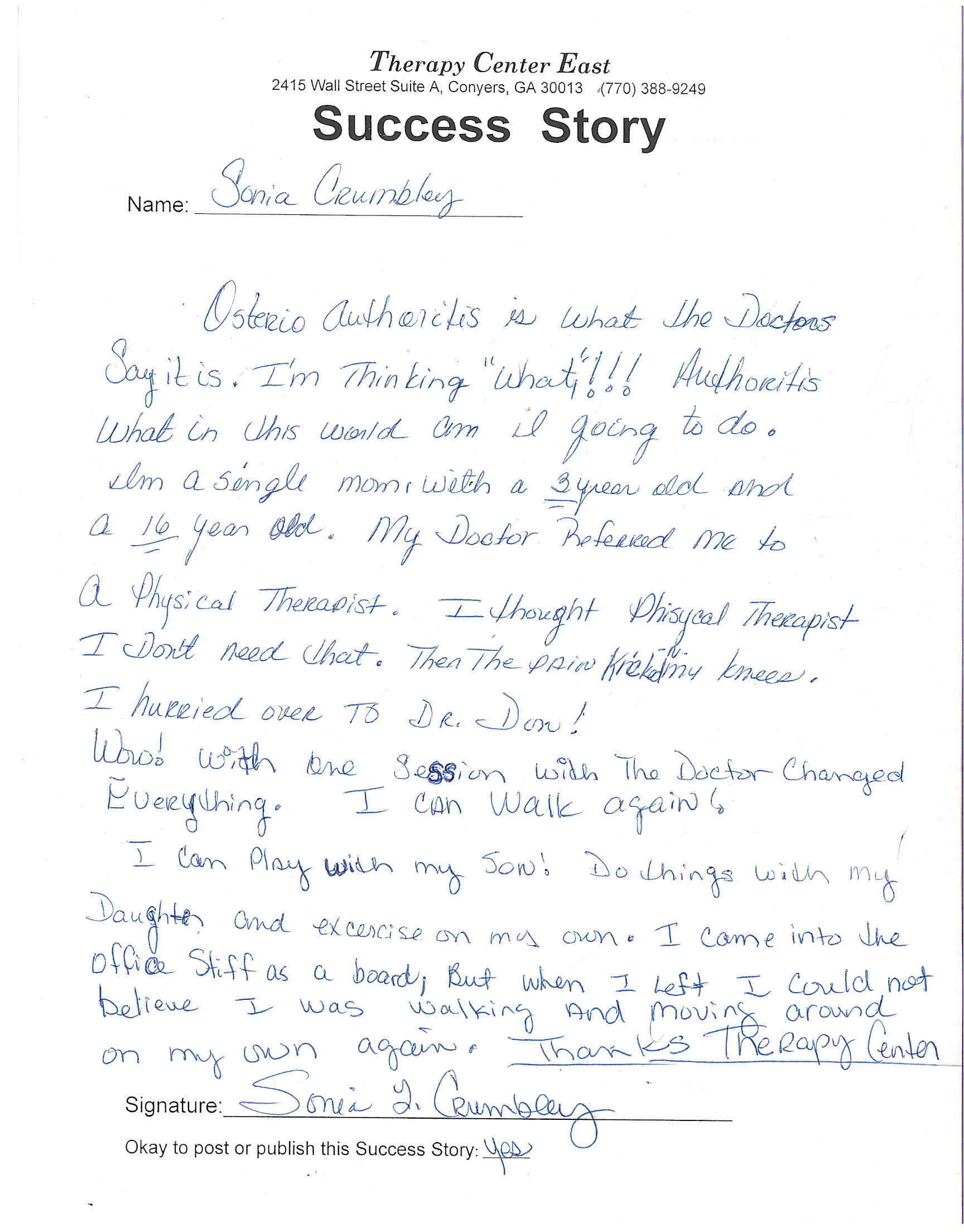 Osteoarthritis Success Story