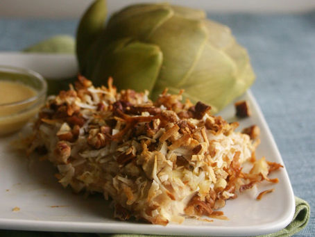COCONUT PECAN- CRUSTED
HALIBUT WITH ARTICHOKE AND DIP