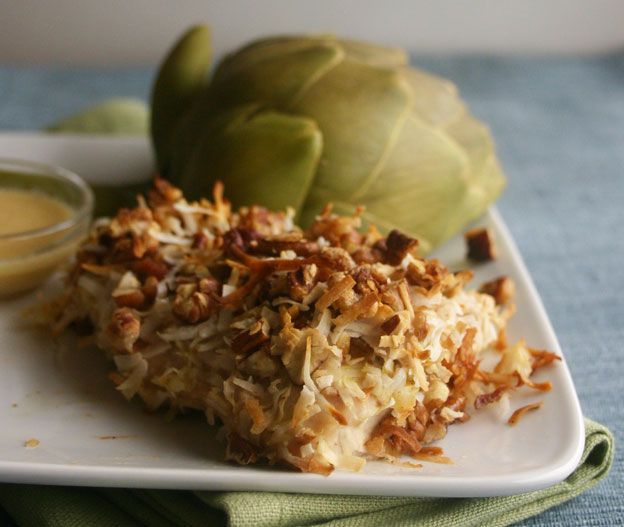 COCONUT PECAN- CRUSTED
HALIBUT WITH ARTICHOKE AND DIP