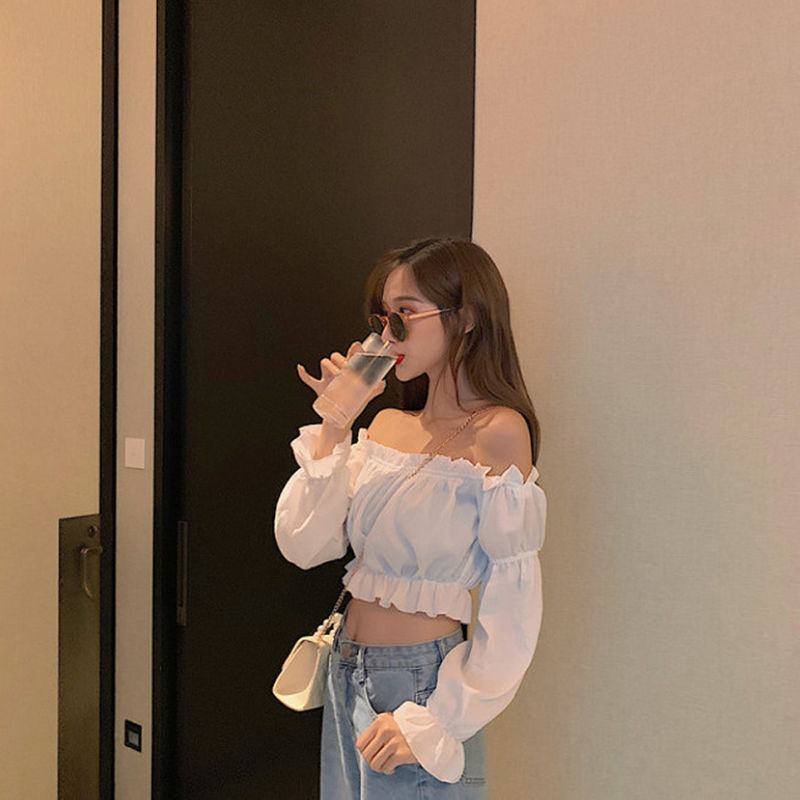 Miniatura: Women Top Sexy Blouse Off Shoulder Top Long Sleeve Solid Color White Shirt Puff 