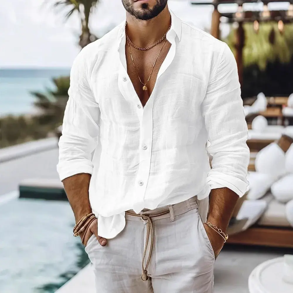 Cotton Linen Shirt for Men Summer Beach Style Solid Color Single Breasted Breath