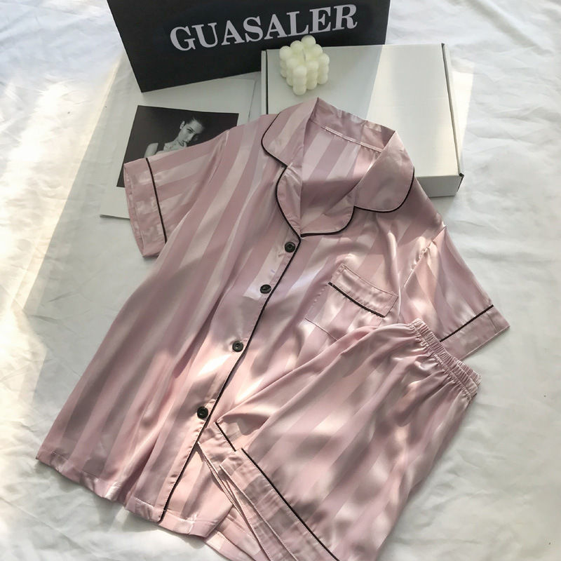 Miniatura: 2Pcs/set Ice Silk Women's Pajamas Short Sleeve Short Pants Simulation Silk Home 