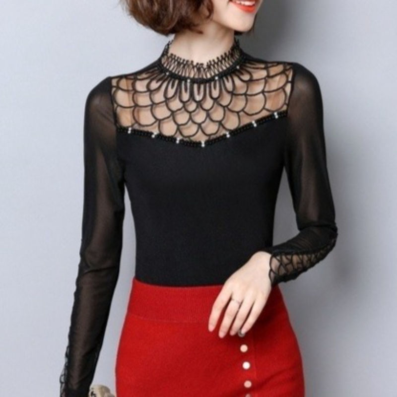 Miniatura: Women blouse shirt fashion long sleeve blouse Hollow out Lace tops Elegant Slim 