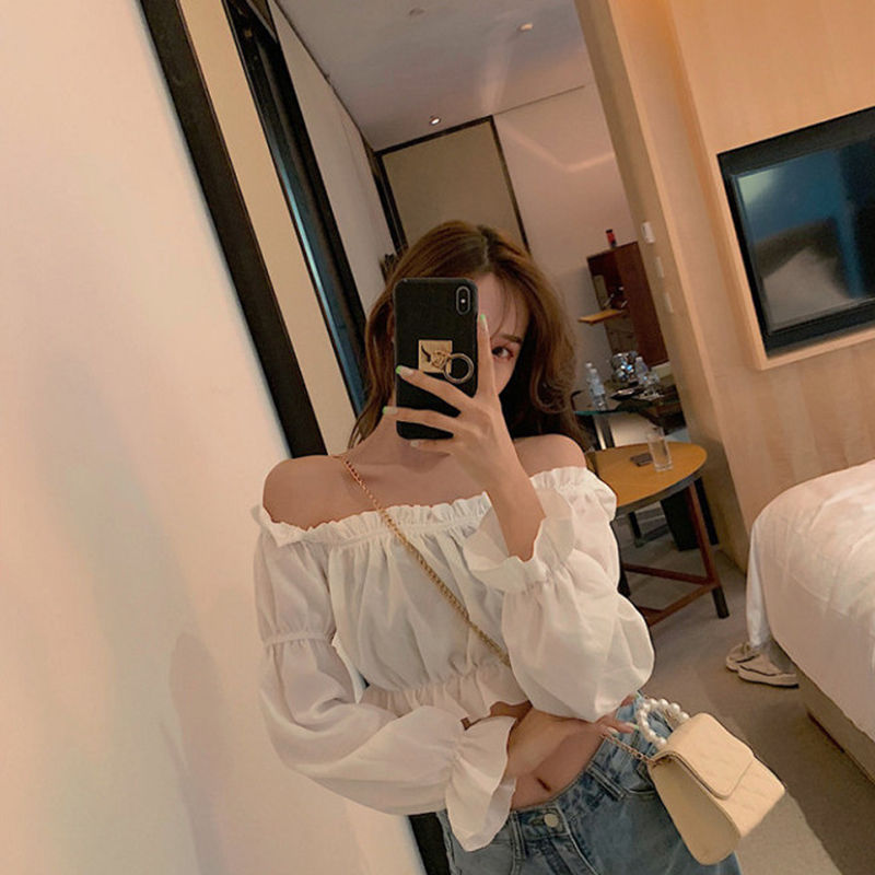Miniatura: Women Top Sexy Blouse Off Shoulder Top Long Sleeve Solid Color White Shirt Puff 