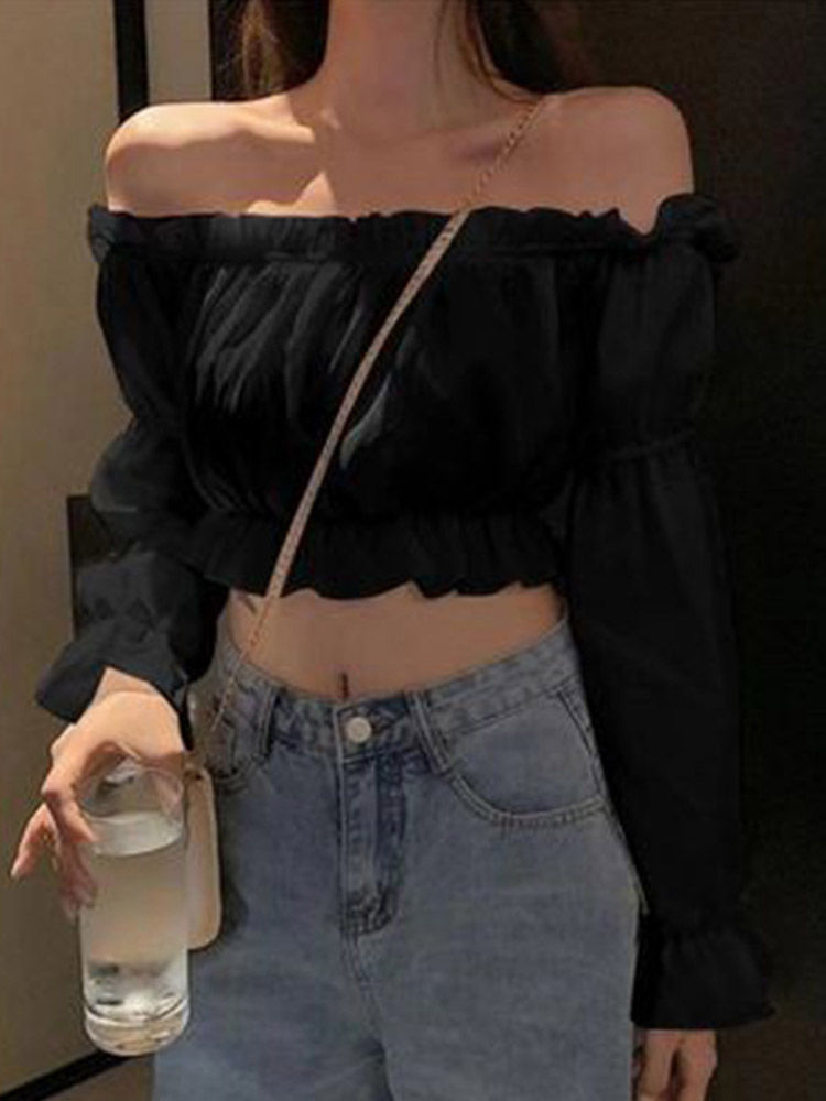 Miniatura: Women Top Sexy Blouse Off Shoulder Top Long Sleeve Solid Color White Shirt Puff 